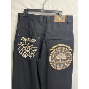 Vintage Raw Blue Jeans Black Denim Baggy Y2K Zodiac Grunge Rap Embroidered 34/34